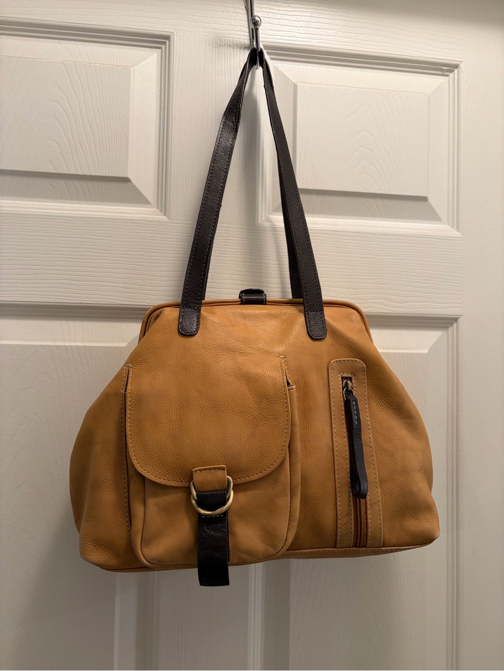 Sophia Visconti Genuine Leather Frame Satchel Camel Brown Shoulder Bag